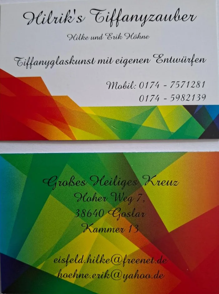 Visitenkarte von Hilrik’s Tiffanyzauber mit Kontaktdaten