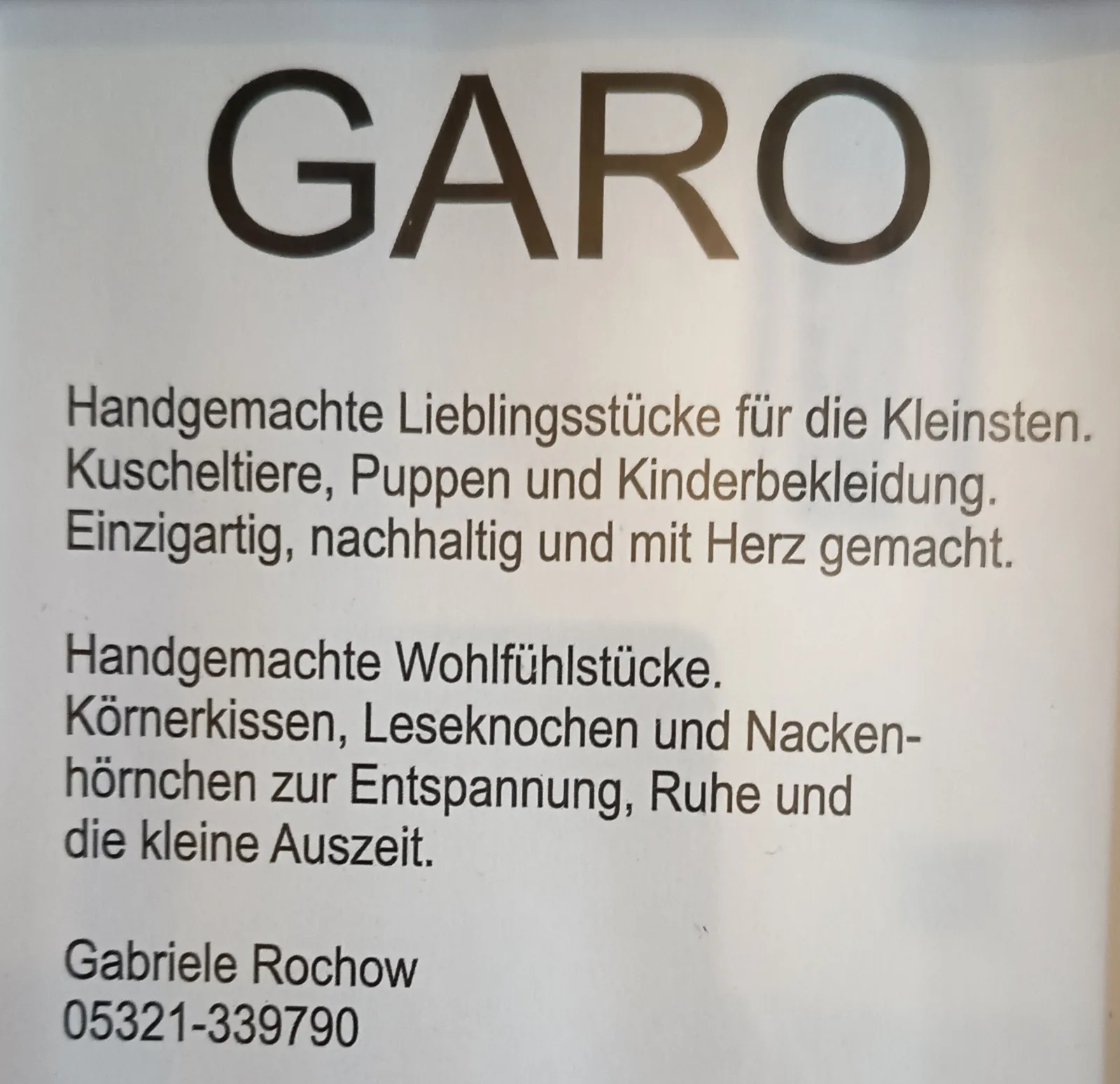 GARO-Informationstafel zu handgemachten Lieblingsstücken und Wohlfühlprodukten